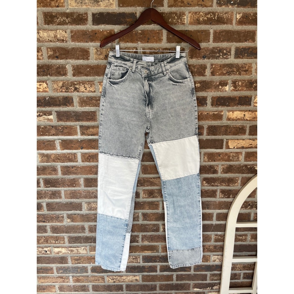 ASOS Bershka High Waist Patchwork Denim Straight Jeans